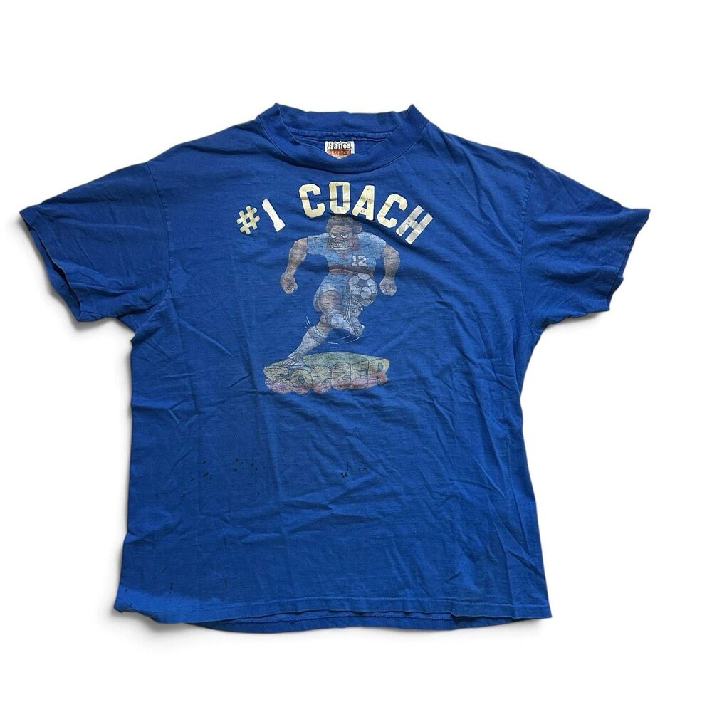 Vintage Hanes #1 Coach Soccer Graphic T-Shirt Blue USA 80s L Single-Stitch Thin